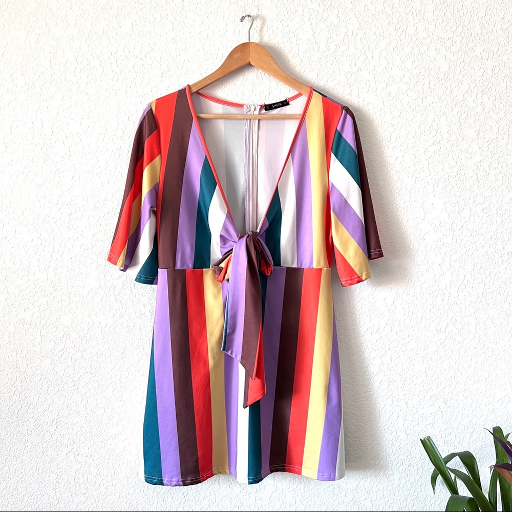 SHEIN Color Block Striped Deep V-Neck Tie Dress Size Large